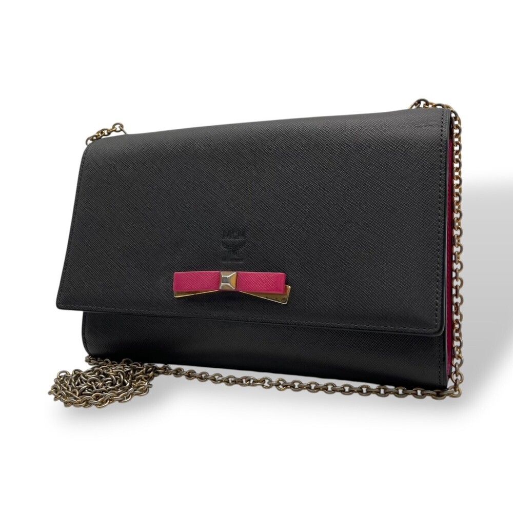 MCM Visetos Leather Chain Wallet Shoulder Bag Long Black Pink Gold Hardware W...